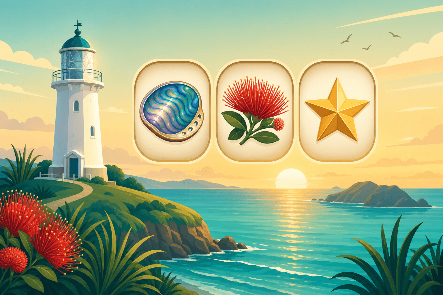 Illustrated coastal scene with a lighthouse and three reel windows showing a paua shell, a pōhutukawa flower and a gold star