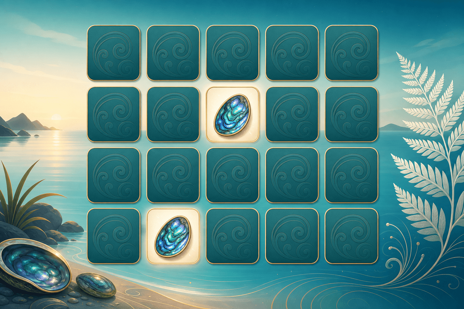 Illustrated grid of face-down teal cards with two flipped cards revealing iridescent paua shells beside a calm sea