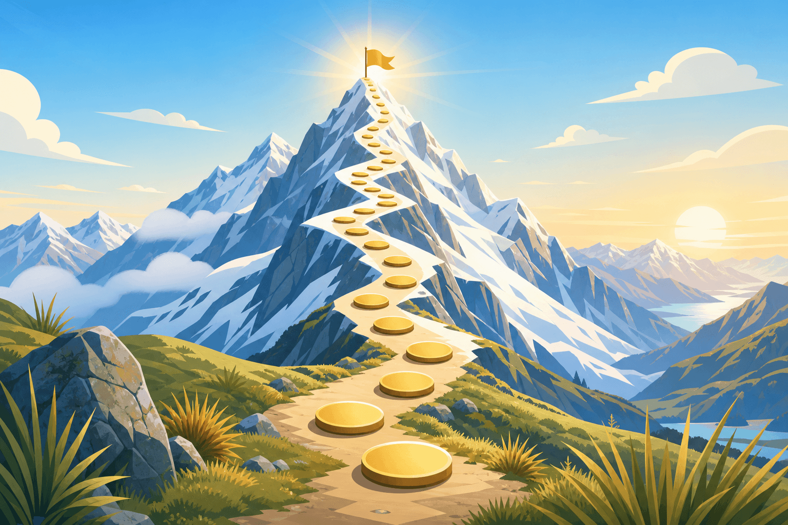 Illustrated snow-capped mountain with a winding golden trail of stepping stones leading to a flag at the summit